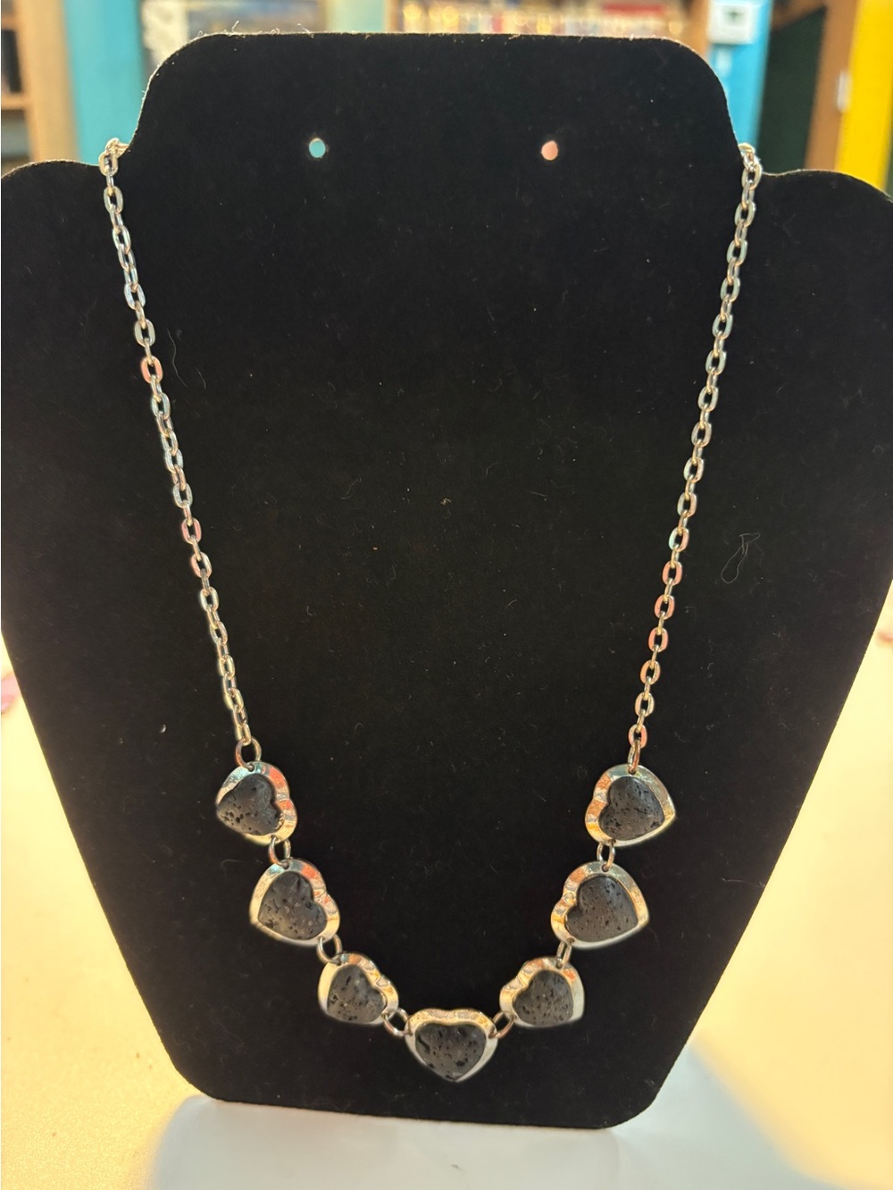 Silver Tone Heart Link Necklace - Black Heart Accents
